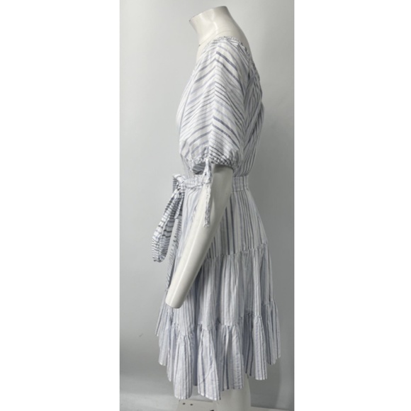 Loup Charmant Blue/White Striped Belted Tiered Cotton/Linen Dress sz M - Picture 2 of 4